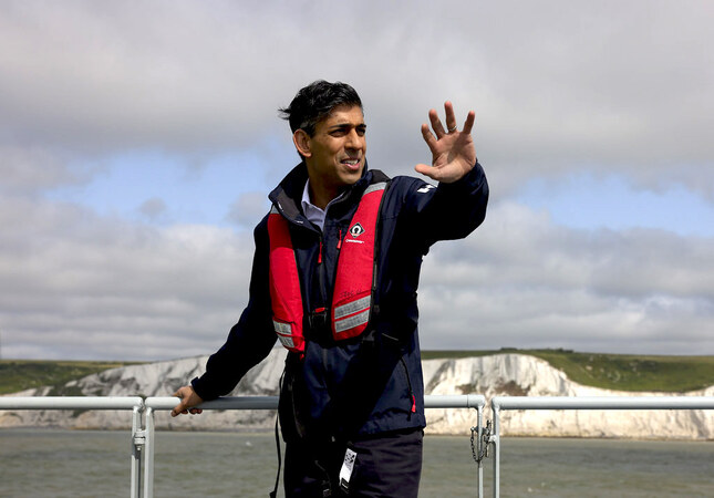 UK Prime Minister Rishi Sunak visits a Border Force cutter boat in the Dover Strait on June 5