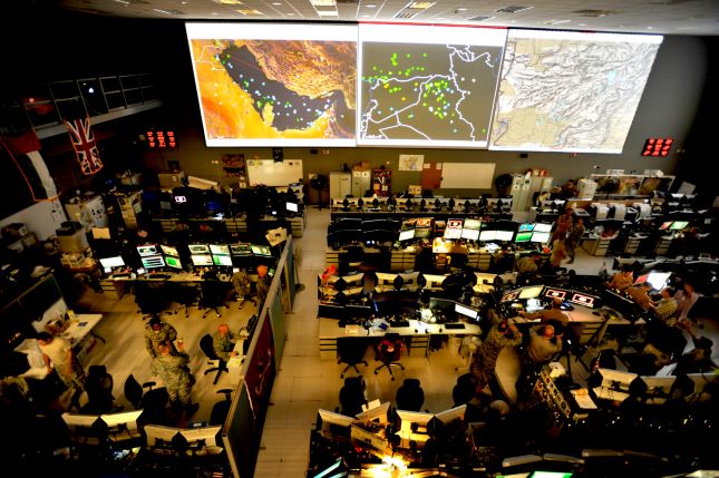 Combined Air Operations Center (CAOC) at Al Udeid Air Base, Qatar, intended to provide command and control of air power throughout Iraq, Syria, Afghanistan, and 17 other nations. (U.S. Air Force, Joshua Strang, Wikimedia Commons, Public domain)