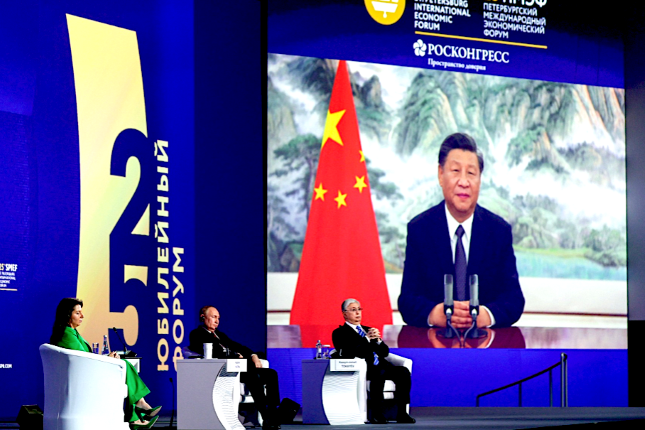 China’s President Xi Jinping addressing 25th St Petersburg International Economic Forum in  June 2022. (Vladimir Smirnov, TASS, Kremlin)