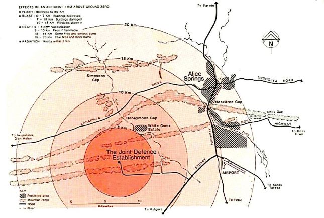 The direct effects of a nuclear weapon attack on the Joint Defence Facility Pine Gap are estimated to extend to Alice Springs. This was the conclusion of a 1985 report, prepared by a medical doctor, titled “What will happen to Alice when the bomb goes off?” Some may think that’s a fair question to ask today. (Image from Medical Association for the Prevention of War; Sourced R Tanter)